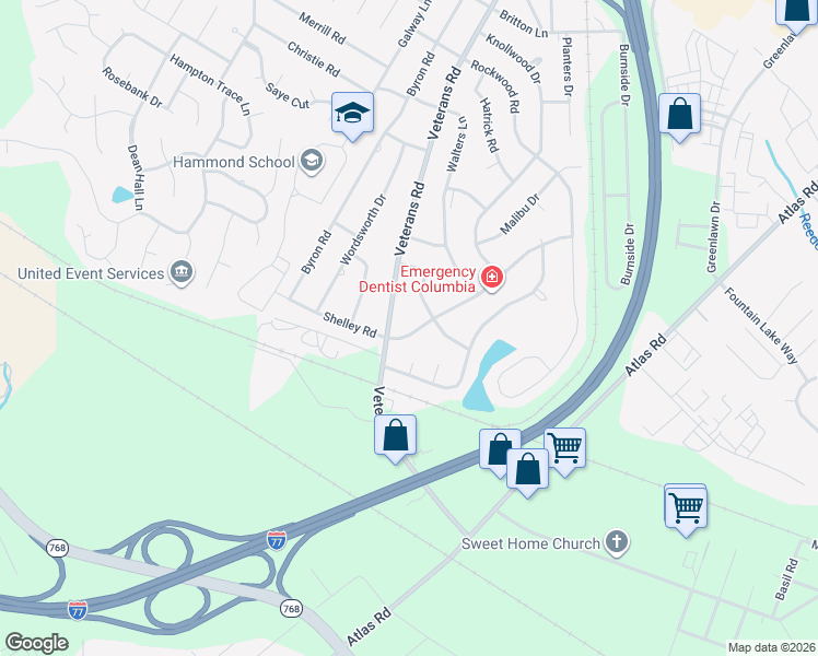 map of restaurants, bars, coffee shops, grocery stores, and more near 7206 Coachmaker Road in Columbia