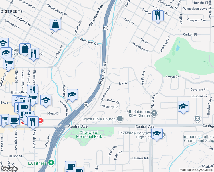 map of restaurants, bars, coffee shops, grocery stores, and more near 5124 Monterey Road in Riverside