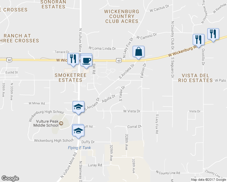 map of restaurants, bars, coffee shops, grocery stores, and more near 1781 Papago Place in Wickenburg