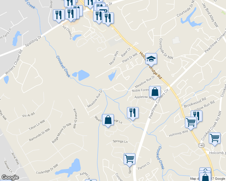 map of restaurants, bars, coffee shops, grocery stores, and more near 3772 Meadow Rue Lane in Norcross