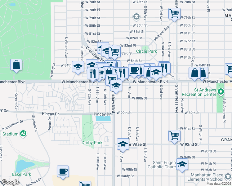map of restaurants, bars, coffee shops, grocery stores, and more near 8708 Crenshaw Boulevard in Inglewood