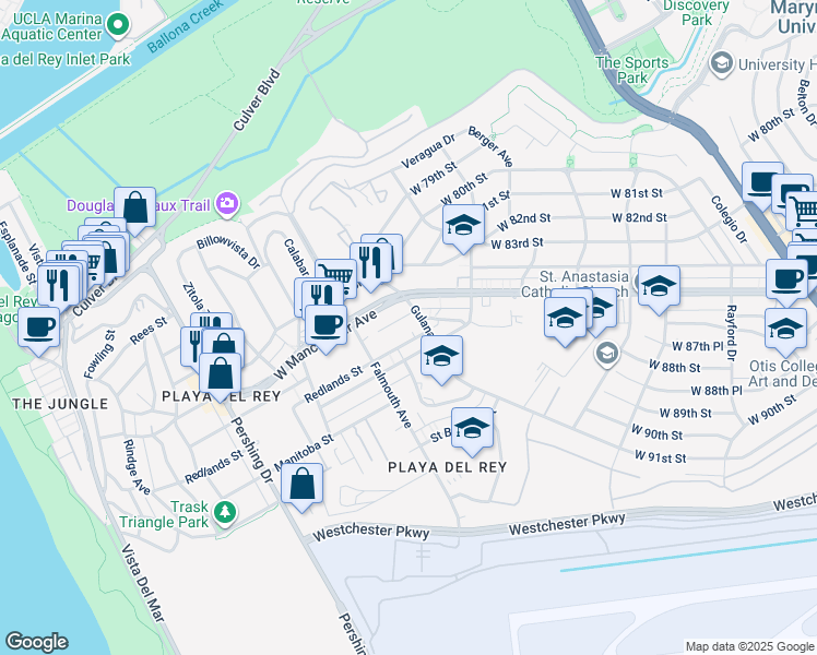 map of restaurants, bars, coffee shops, grocery stores, and more near 8505 Gulana Avenue in Los Angeles