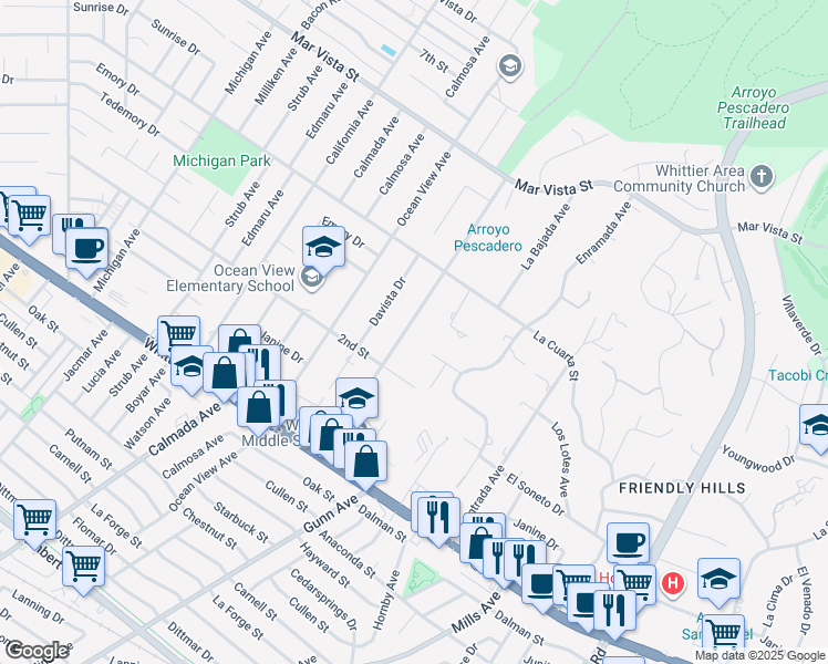 map of restaurants, bars, coffee shops, grocery stores, and more near 8512 Catalina Avenue in Whittier