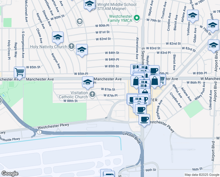 map of restaurants, bars, coffee shops, grocery stores, and more near 6447 West 87th Street in Los Angeles