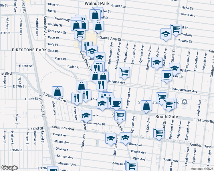 map of restaurants, bars, coffee shops, grocery stores, and more near 2834 Ardmore Avenue in South Gate