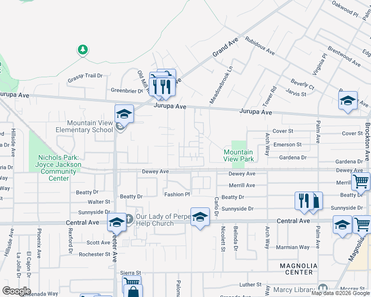 map of restaurants, bars, coffee shops, grocery stores, and more near 4996 Arborwood Lane in Riverside
