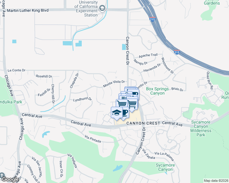 map of restaurants, bars, coffee shops, grocery stores, and more near 955 Le Conte Drive in Riverside