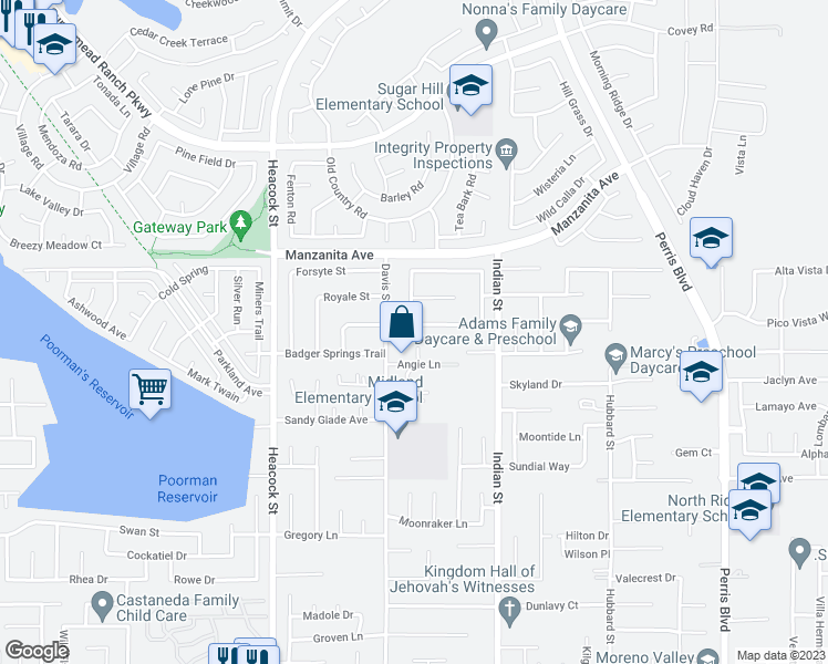 map of restaurants, bars, coffee shops, grocery stores, and more near 24309 Chippewa Trail in Moreno Valley