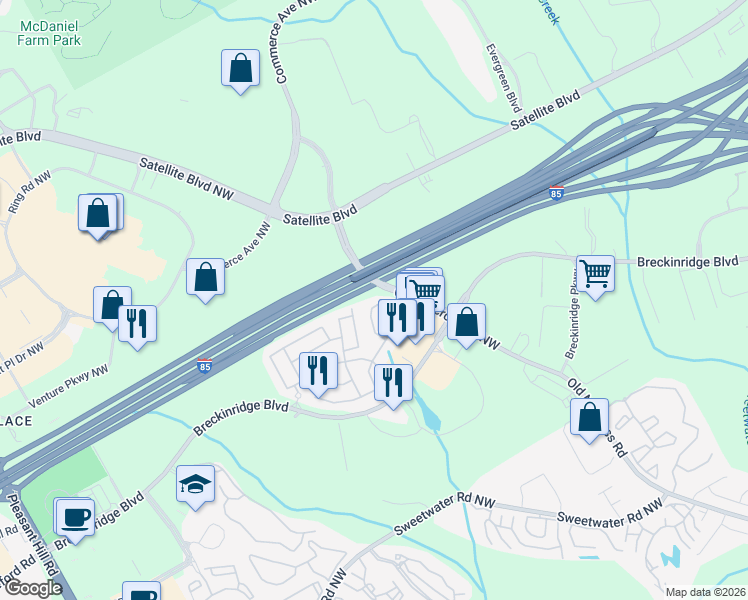 map of restaurants, bars, coffee shops, grocery stores, and more near 2802 Briaroak Drive in Duluth