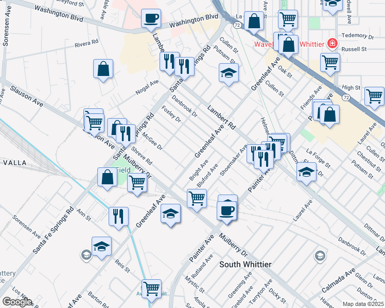 map of restaurants, bars, coffee shops, grocery stores, and more near 12932 Dunton Drive in Whittier