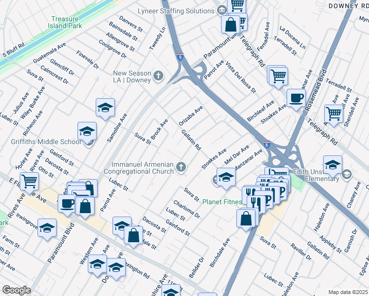 map of restaurants, bars, coffee shops, grocery stores, and more near 9325 Downey Avenue in Downey
