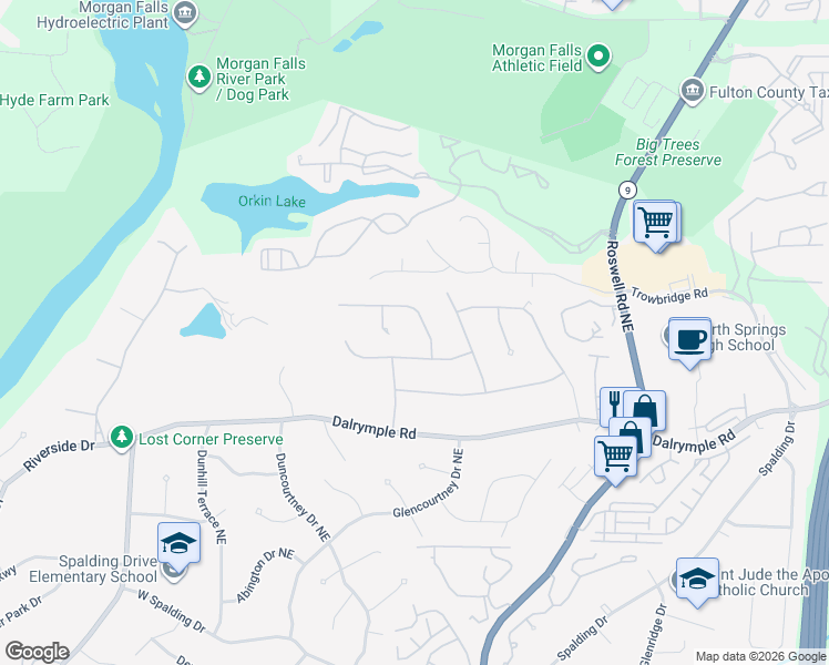 map of restaurants, bars, coffee shops, grocery stores, and more near 720 Old Campus Trail Northeast in Atlanta