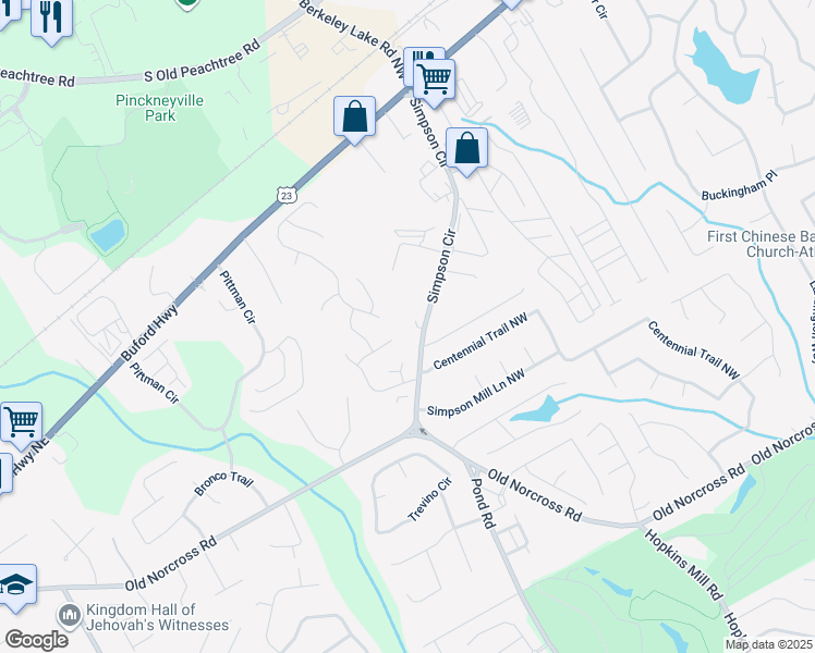 map of restaurants, bars, coffee shops, grocery stores, and more near 2731 Simpson Circle in Norcross
