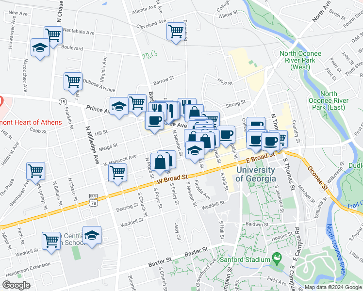map of restaurants, bars, coffee shops, grocery stores, and more near 393 W Hancock Ave in Athens