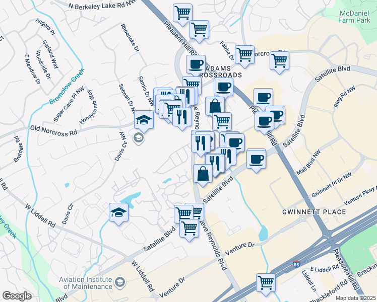 map of restaurants, bars, coffee shops, grocery stores, and more near 3823 Dandridge Way Northwest in Duluth