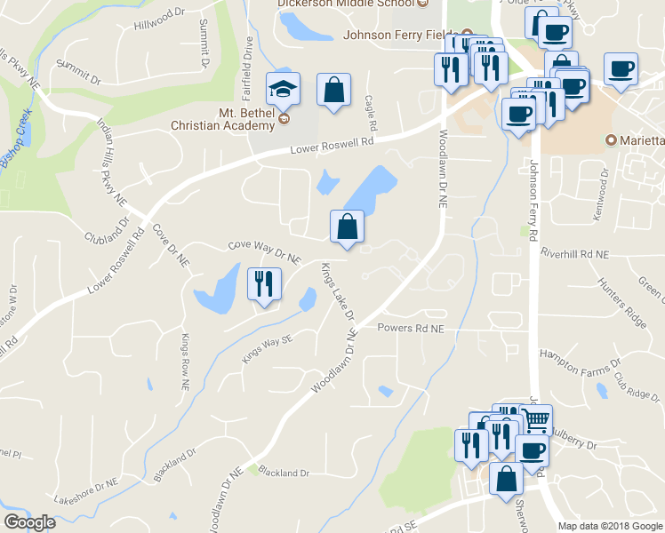 map of restaurants, bars, coffee shops, grocery stores, and more near 4474 Cove Island Drive Northeast in Marietta