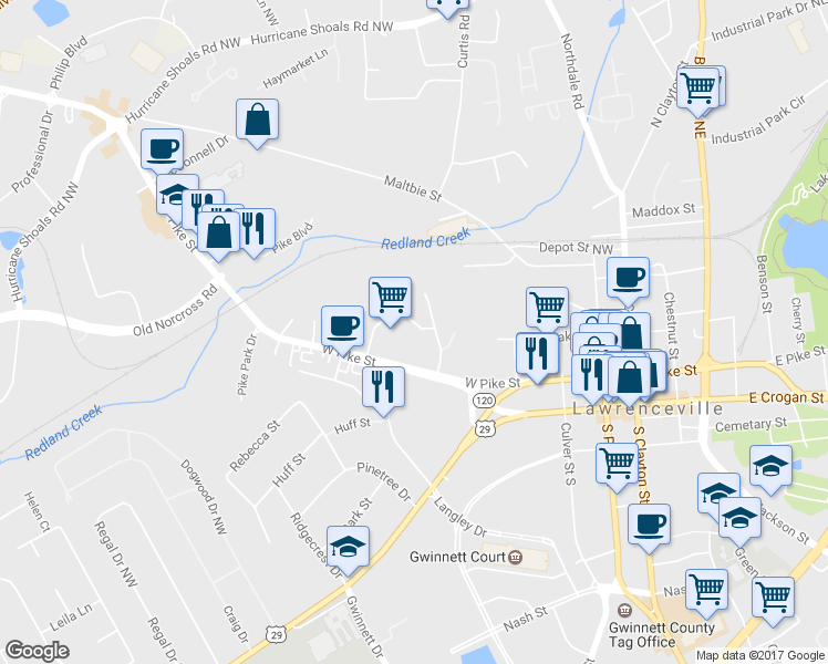 map of restaurants, bars, coffee shops, grocery stores, and more near 111 Honeysuckle Avenue in Lawrenceville