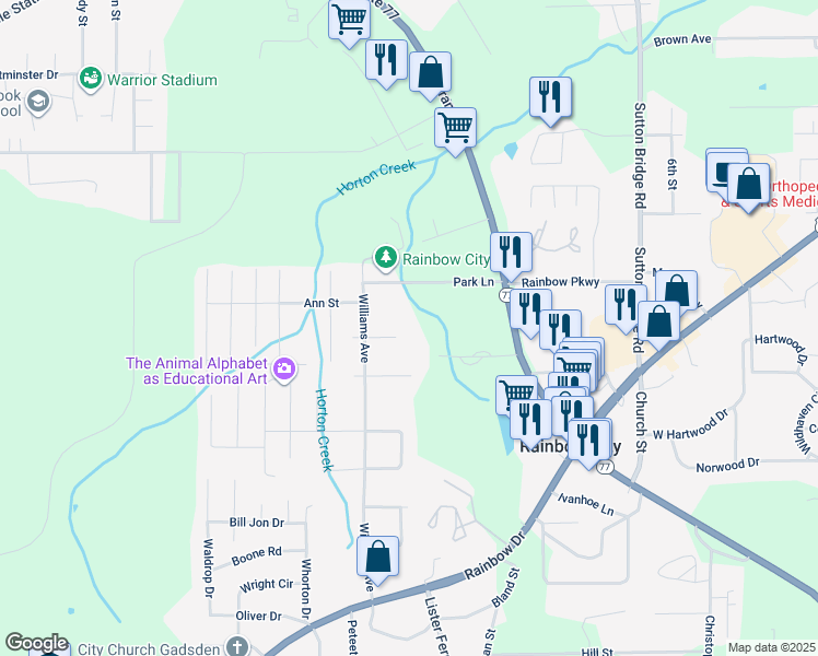 map of restaurants, bars, coffee shops, grocery stores, and more near 104 Nadine Place in Rainbow City