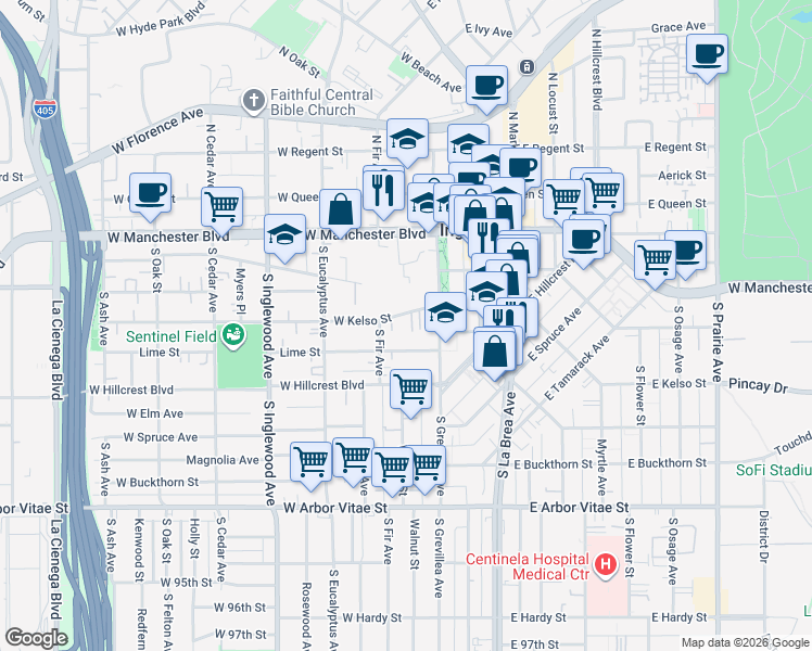 map of restaurants, bars, coffee shops, grocery stores, and more near 124 West Kelso Street in Inglewood