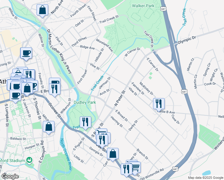 map of restaurants, bars, coffee shops, grocery stores, and more near 190 North Poplar Street in Athens