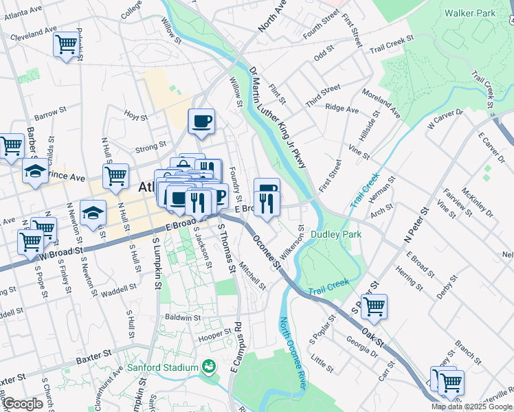 map of restaurants, bars, coffee shops, grocery stores, and more near 755 East Broad Street in Athens