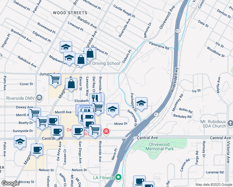 map of restaurants, bars, coffee shops, grocery stores, and more near 3441 Tipperary Way in Riverside