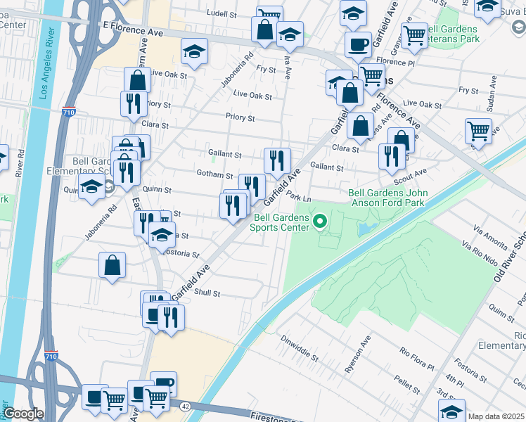 map of restaurants, bars, coffee shops, grocery stores, and more near 7950 Garfield Avenue in Bell Gardens