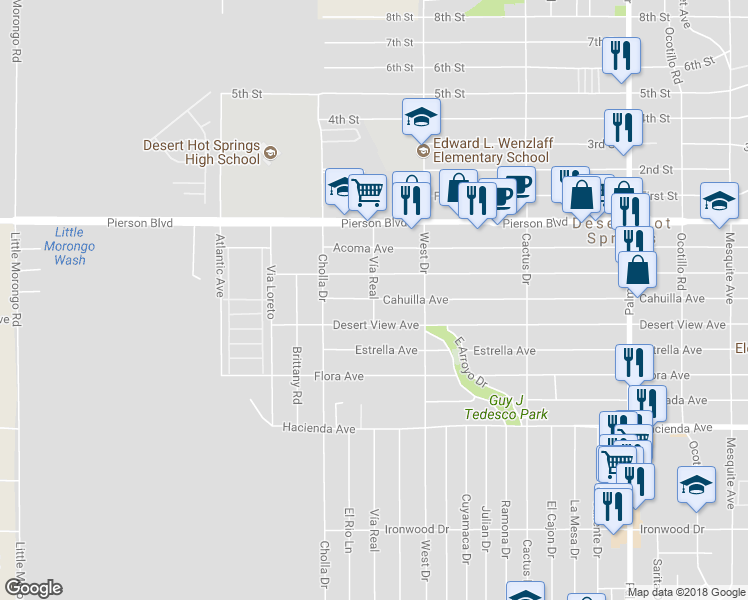 map of restaurants, bars, coffee shops, grocery stores, and more near Vía Real & Cahuilla Avenue in Desert Hot Springs