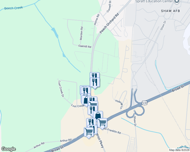 map of restaurants, bars, coffee shops, grocery stores, and more near 1385 Peach Orchard Road in Sumter