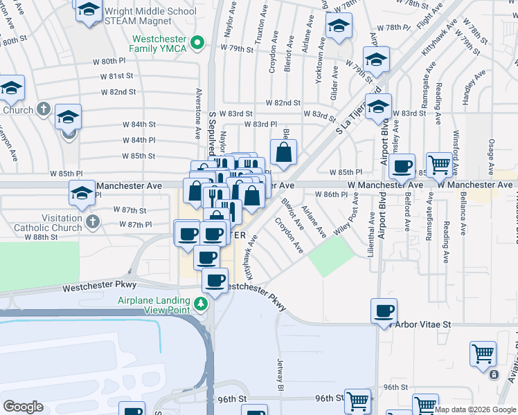 map of restaurants, bars, coffee shops, grocery stores, and more near 8651 South La Tijera Boulevard in Los Angeles