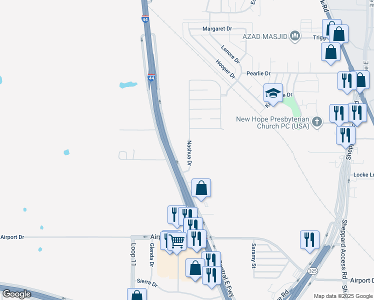 map of restaurants, bars, coffee shops, grocery stores, and more near 45 Nashua Drive in Wichita Falls
