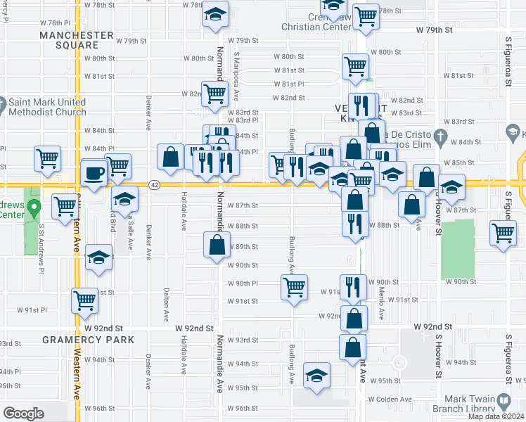 map of restaurants, bars, coffee shops, grocery stores, and more near 1250 West 87th Street in Los Angeles