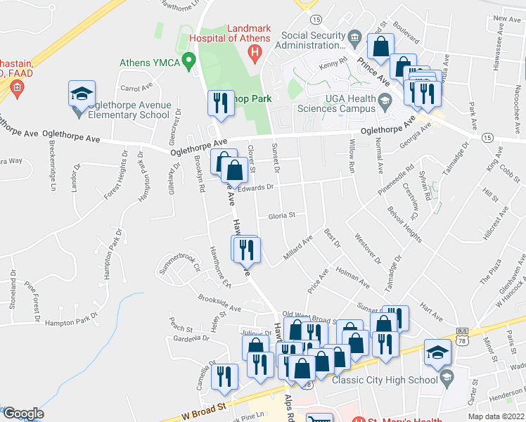 map of restaurants, bars, coffee shops, grocery stores, and more near 210 Gloria Street in Athens