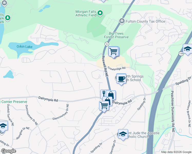 map of restaurants, bars, coffee shops, grocery stores, and more near 7430 Princeton Trce Northeast in Atlanta