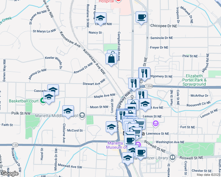 map of restaurants, bars, coffee shops, grocery stores, and more near 293 Kennesaw Avenue Northwest in Marietta