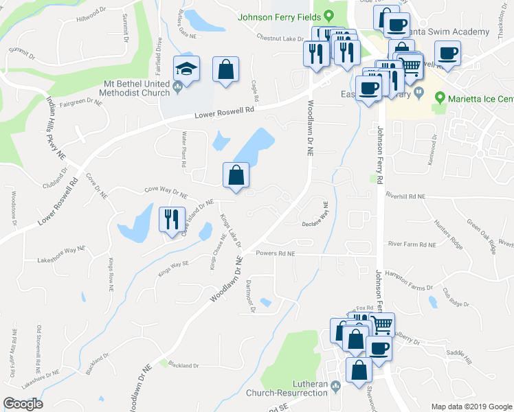 map of restaurants, bars, coffee shops, grocery stores, and more near 4569 Fountain Drive Northeast in Marietta