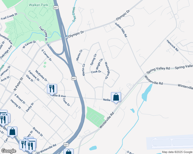map of restaurants, bars, coffee shops, grocery stores, and more near 165 Cook Cir in Athens