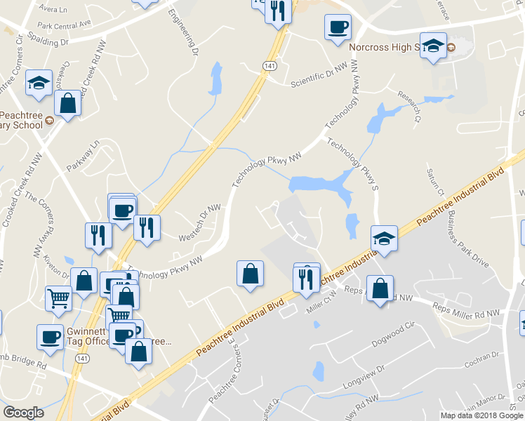 map of restaurants, bars, coffee shops, grocery stores, and more near 3281 Greenwood Oak Drive in Norcross