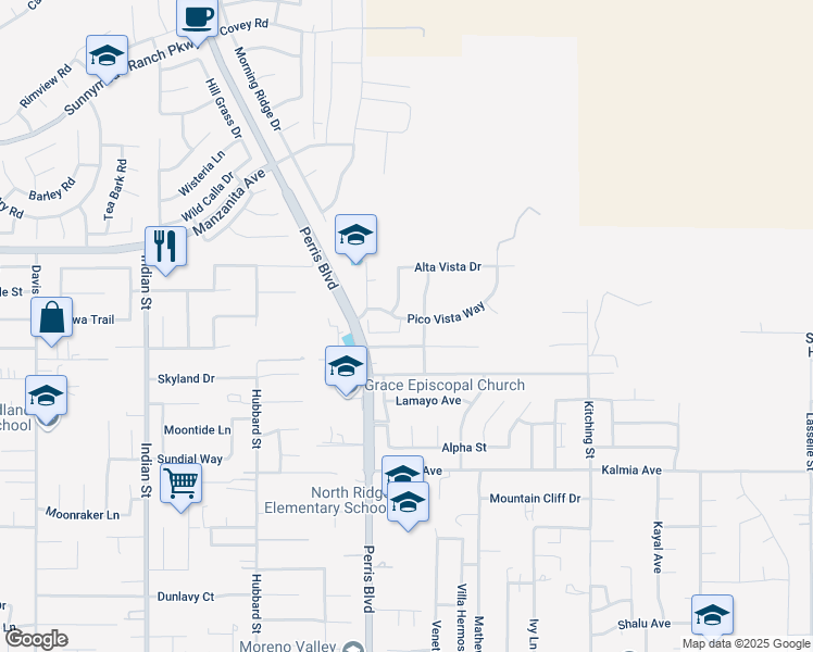 map of restaurants, bars, coffee shops, grocery stores, and more near 25089 Pico Vista Way in Moreno Valley