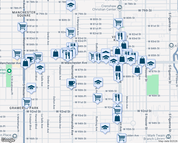 map of restaurants, bars, coffee shops, grocery stores, and more near 1238 West 87th Street in Los Angeles