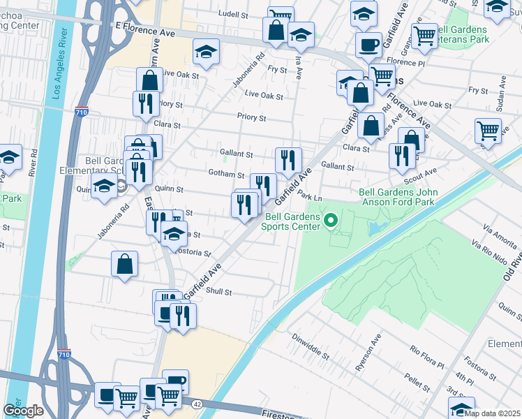 map of restaurants, bars, coffee shops, grocery stores, and more near 8009 Garfield Avenue in Bell Gardens