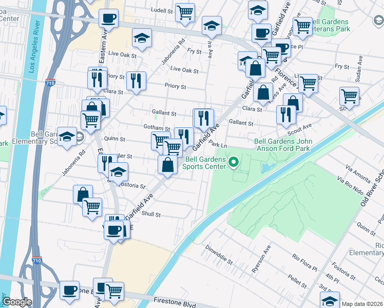map of restaurants, bars, coffee shops, grocery stores, and more near 7950 Garfield Avenue in Bell Gardens