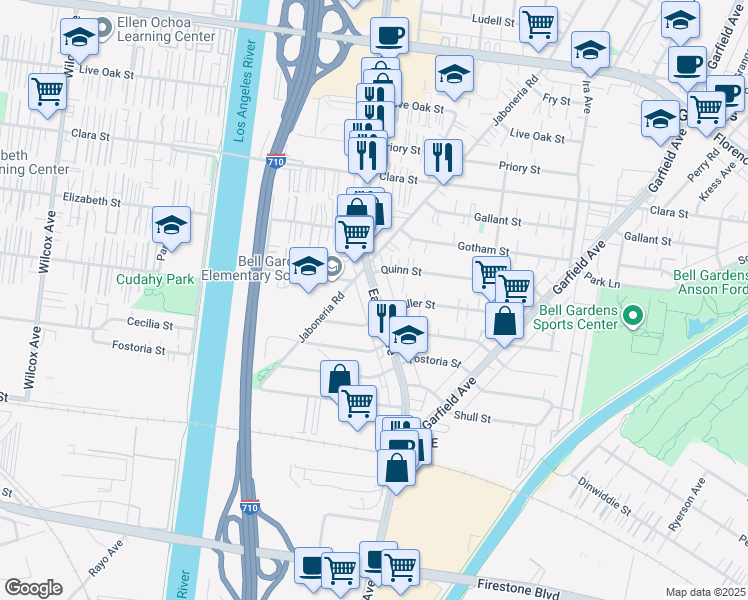 map of restaurants, bars, coffee shops, grocery stores, and more near 5663 Muller Street in Bell Gardens