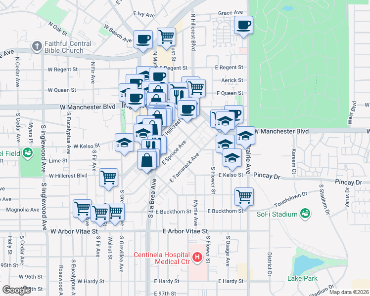 map of restaurants, bars, coffee shops, grocery stores, and more near 322 East Spruce Avenue in Inglewood