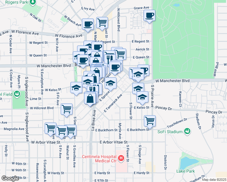 map of restaurants, bars, coffee shops, grocery stores, and more near 322 East Spruce Avenue in Inglewood