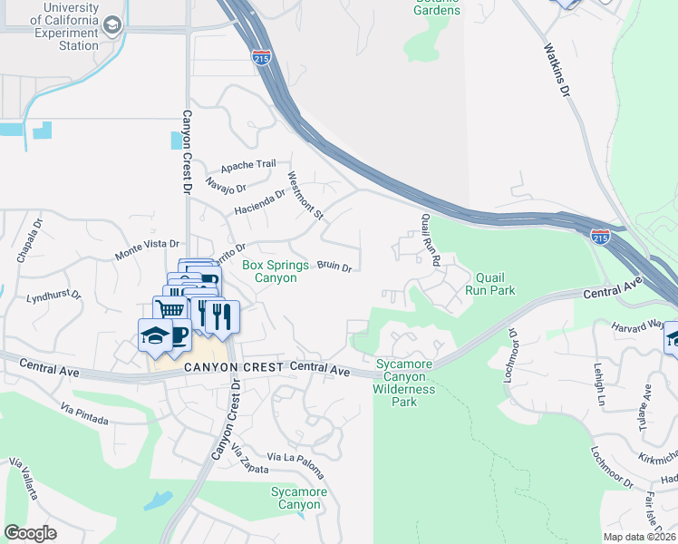 map of restaurants, bars, coffee shops, grocery stores, and more near 550 Bruin Drive in Riverside