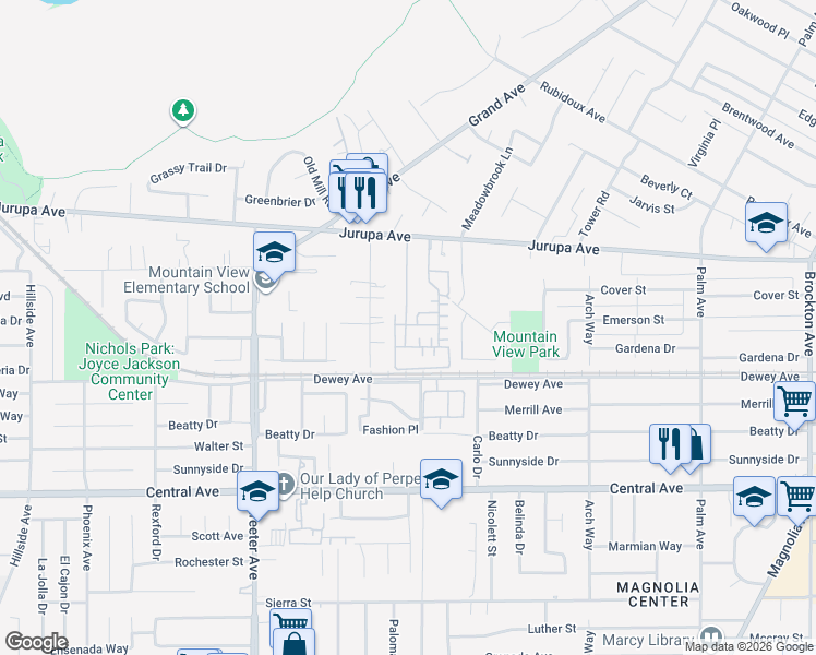 map of restaurants, bars, coffee shops, grocery stores, and more near 4996 Arborwood Lane in Riverside