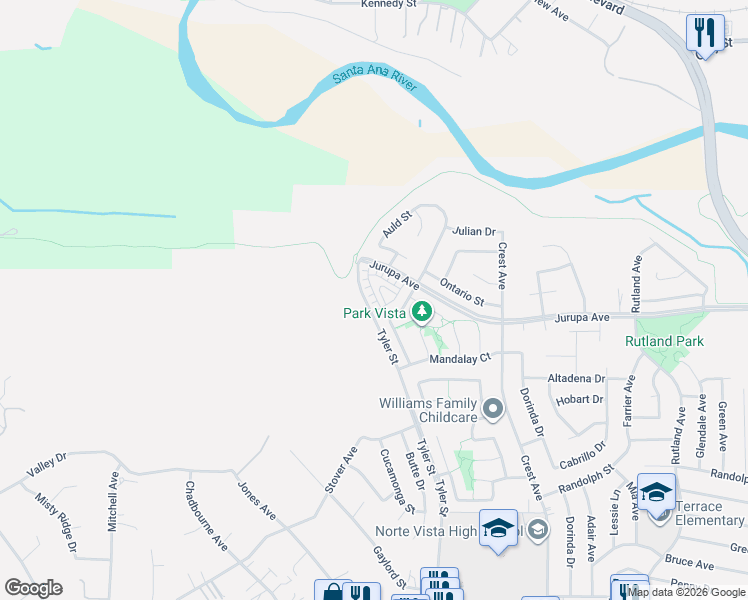 map of restaurants, bars, coffee shops, grocery stores, and more near 7107 Idyllwild Lane in Riverside