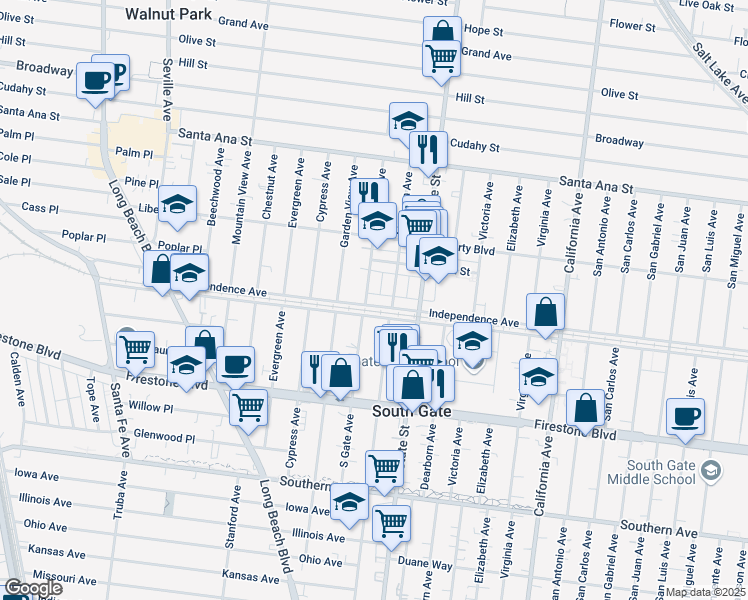 map of restaurants, bars, coffee shops, grocery stores, and more near 3169 Independence Avenue in South Gate
