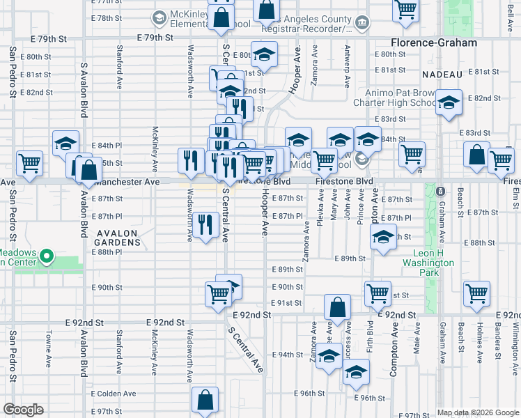 map of restaurants, bars, coffee shops, grocery stores, and more near 8725 Hooper Avenue in Los Angeles